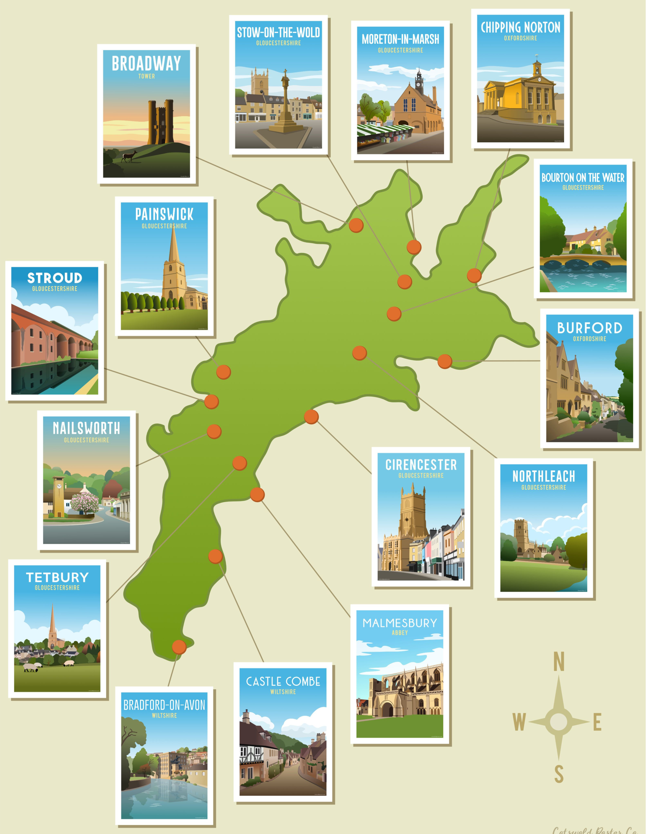 Cotswolds Map village Poster